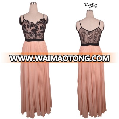 Holiday dresses new design pink chiffon with black lace long party dress for fat women V-589