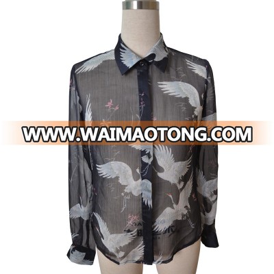 Ladies long sleeve printed chiffon blouse